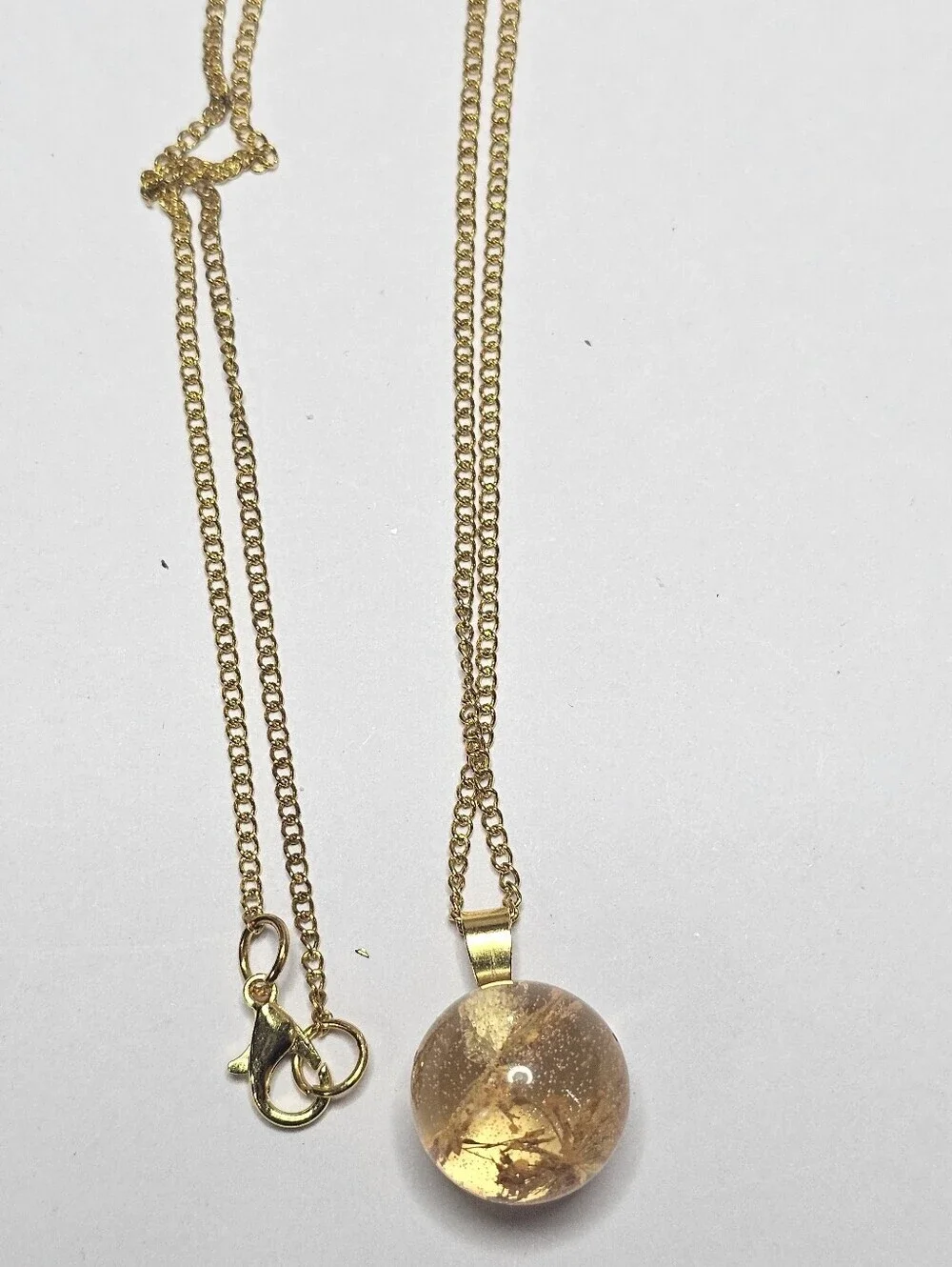 Gold-Tone Amber Resin Orb Pendant Necklace - Handmade